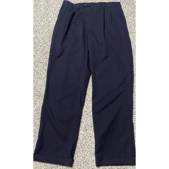 Chaps Ralph Lauren Pants Mens Black 100% Wool Pleated Cuffed Size 34x32 - Picture 1 of 5